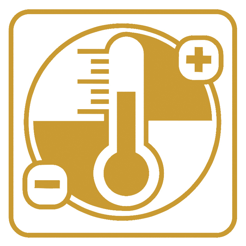 Rubrik Temperatur kontrolliere Güter: Ein braunes Piktogramm mit einem Thermometer in der Mitte, umgeben von einem Plus- und Minuszeichen in einem Kreis.